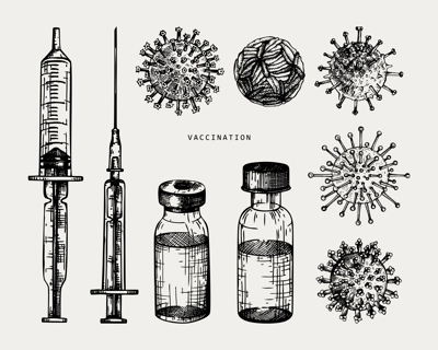 Coronavirus vaccine vector set. Hand sketched concept of Covid-19 corona virus vaccination with vaccine bottle, syringe injection tools and different viruses. Vintage sketch collection